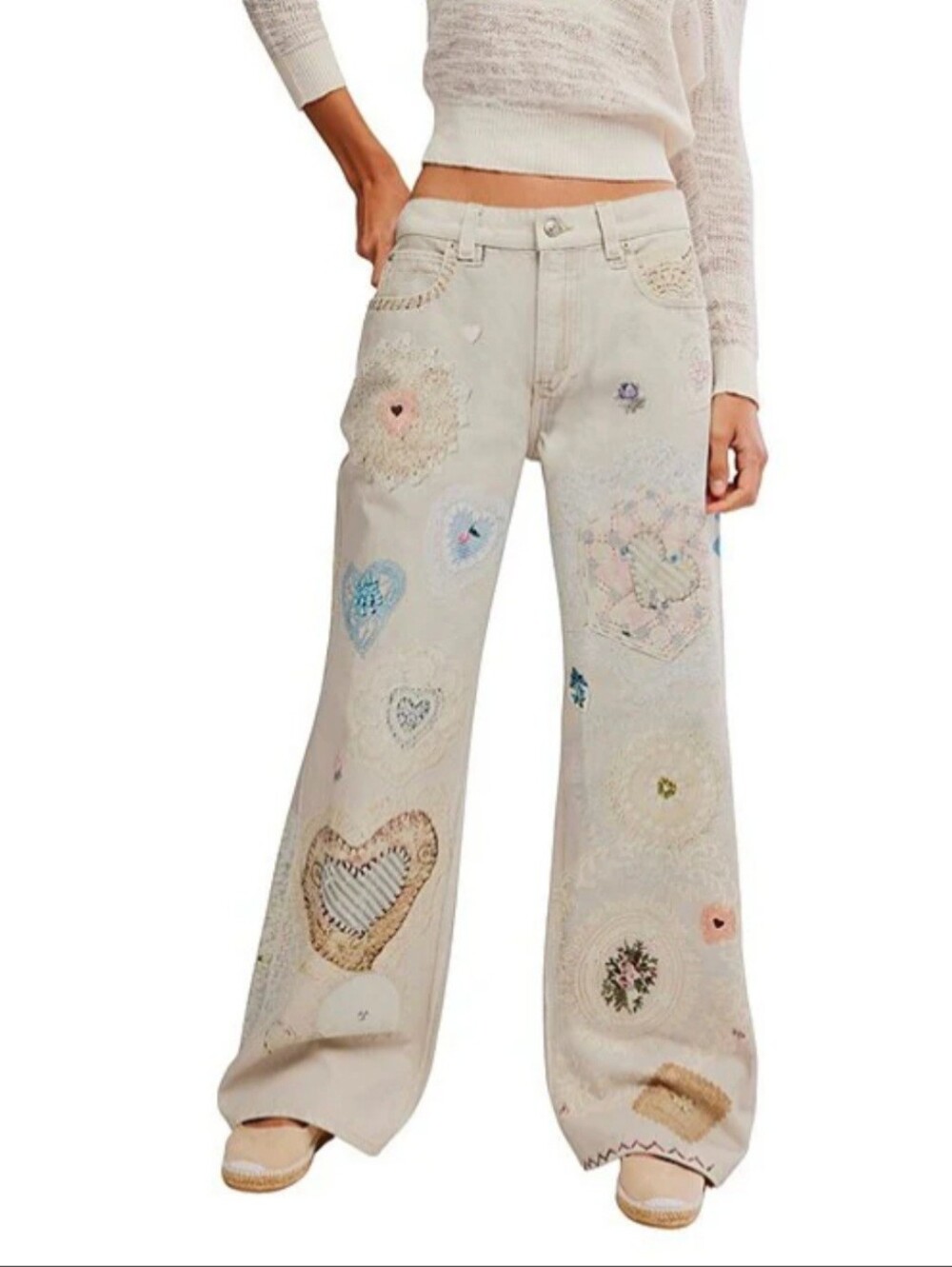 Free People We The Free  Womens Wide-Leg Jeans Embroidered Hearts Sz 24 NWT